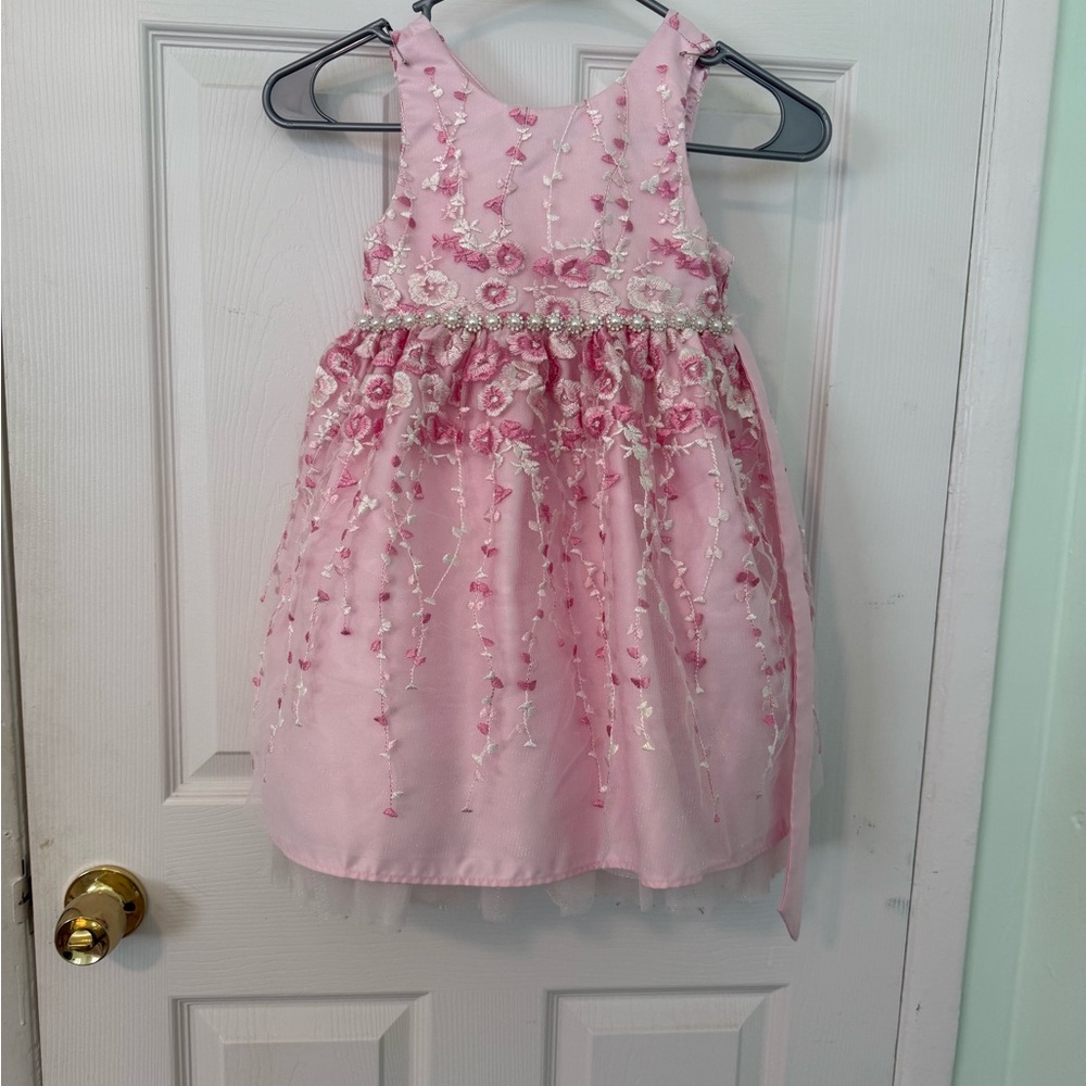 Childrens Party Dress, Pink W/ 3 Layers, Pearls,Flowers Sz 5 American Princess